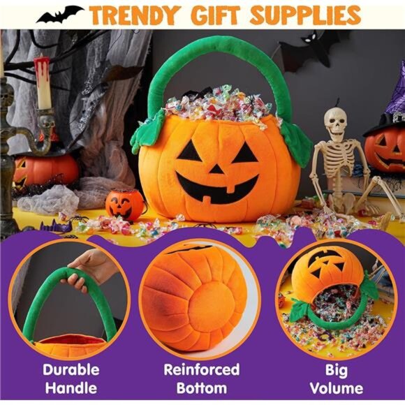 Halloween pumpkin plush tote bucket measuring 11 x 13.4 inches, designed - Picture 4 of 8